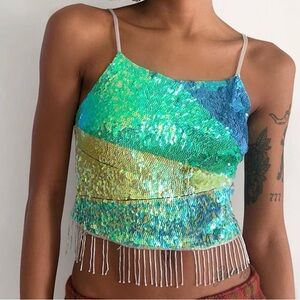 Y2k sequin Fringe Cami Top in Iridescent Green